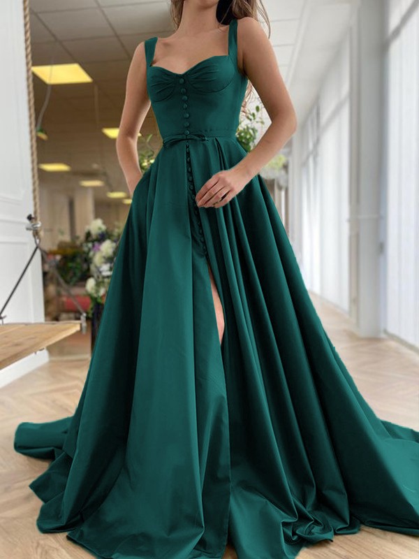 A-Line/Princess Court Train Straps Sleeveless Satin Ruffles Dresses 4889