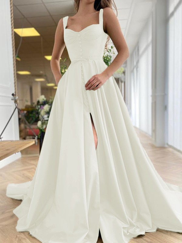 A-Line/Princess Court Train Straps Sleeveless Satin Ruffles Dresses 4889