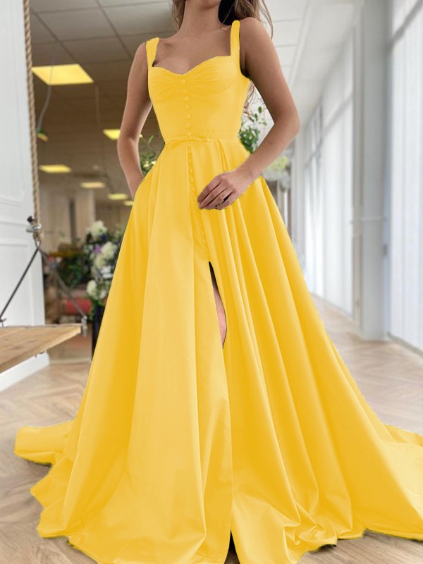 A-Line/Princess Court Train Straps Sleeveless Satin Ruffles Dresses 4889