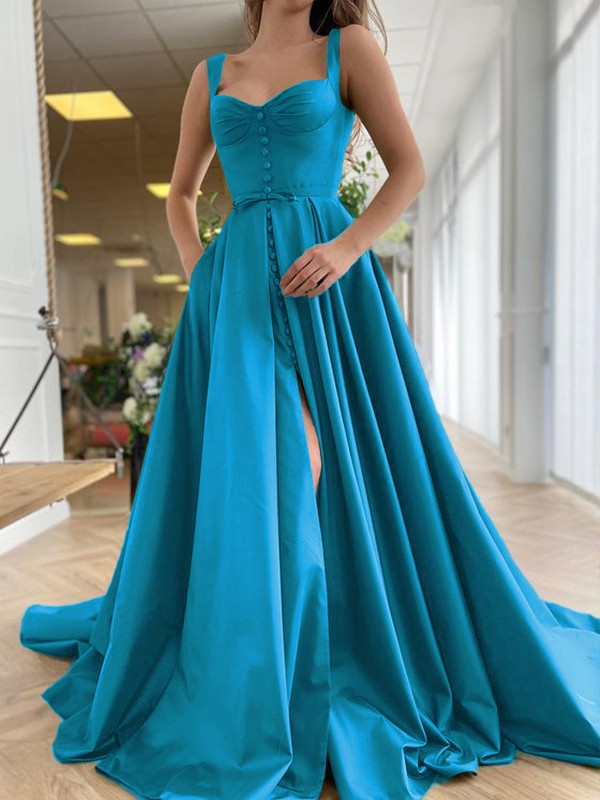 A-Line/Princess Court Train Straps Sleeveless Satin Ruffles Dresses 4889