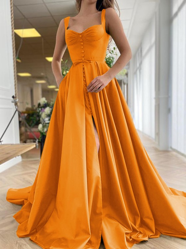 A-Line/Princess Court Train Straps Sleeveless Satin Ruffles Dresses 4889