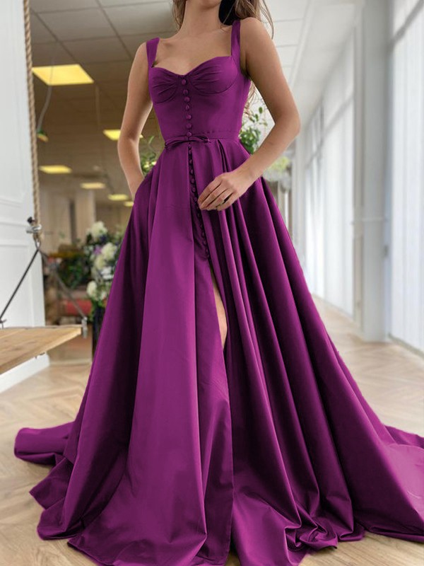 A-Line/Princess Court Train Straps Sleeveless Satin Ruffles Dresses 4889