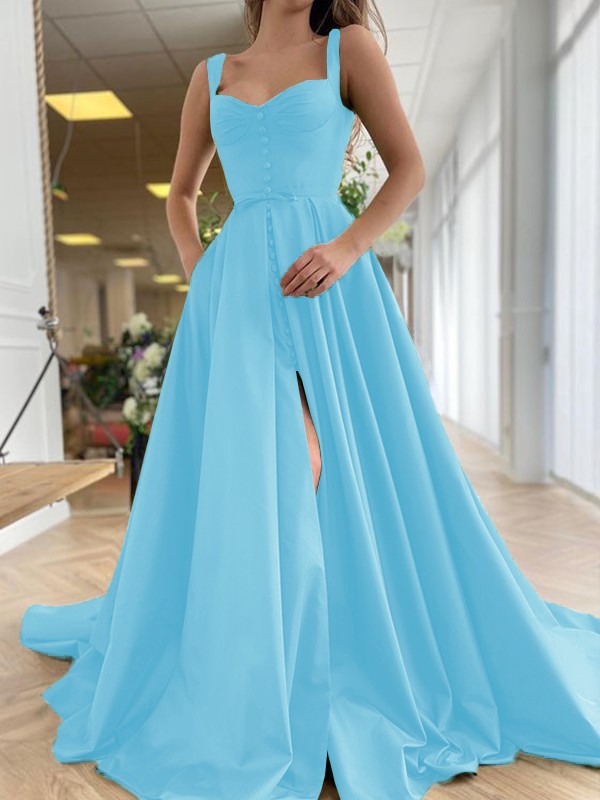 A-Line/Princess Court Train Straps Sleeveless Satin Ruffles Dresses 4889