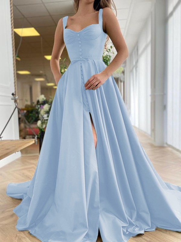 A-Line/Princess Court Train Straps Sleeveless Satin Ruffles Dresses 4889