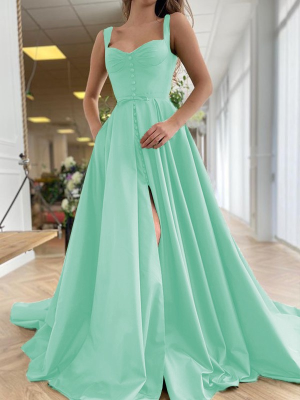 A-Line/Princess Court Train Straps Sleeveless Satin Ruffles Dresses 4889