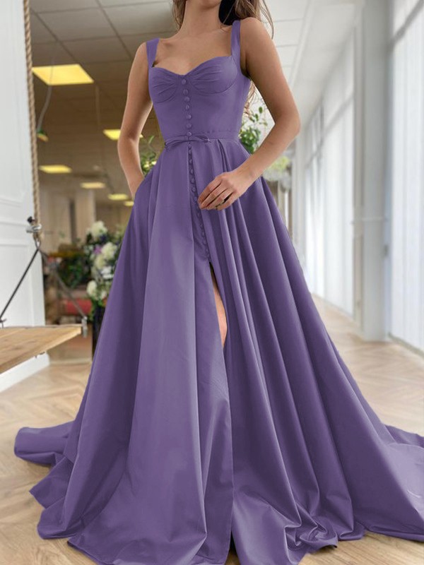 A-Line/Princess Court Train Straps Sleeveless Satin Ruffles Dresses 4889