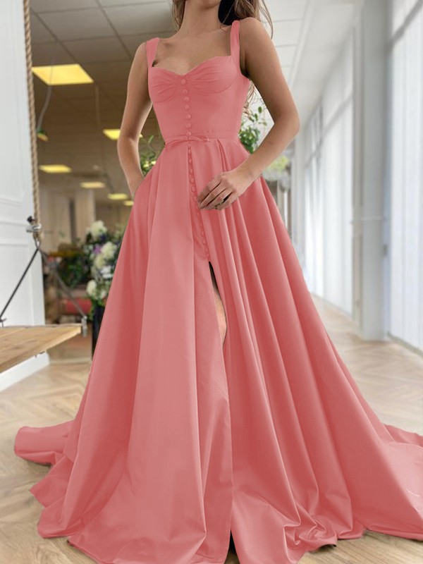 A-Line/Princess Court Train Straps Sleeveless Satin Ruffles Dresses 4889