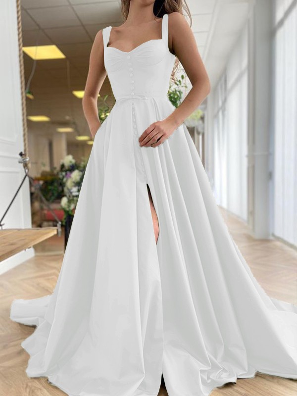 A-Line/Princess Court Train Straps Sleeveless Satin Ruffles Dresses 4889