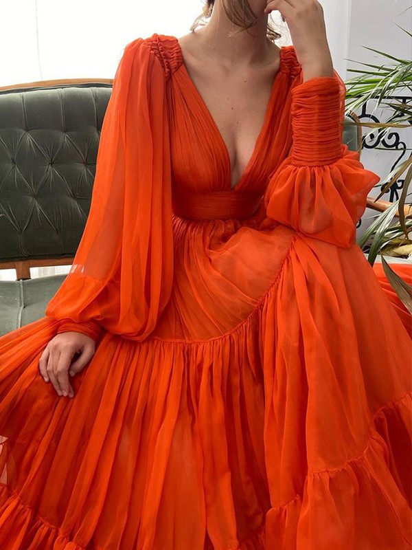 A-Line/Princess Sweep/Brush Train V-neck Long Sleeves 30D Chiffon Ruffles Dresses 4891