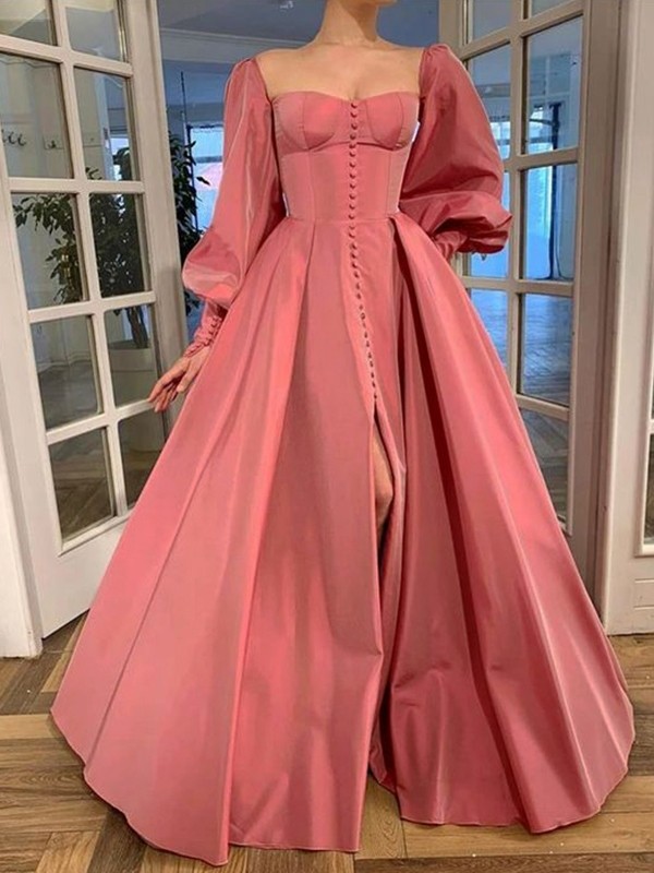 A-Line/Princess Long Sleeves Square Ruffles Satin Floor-Length Dresses 3771