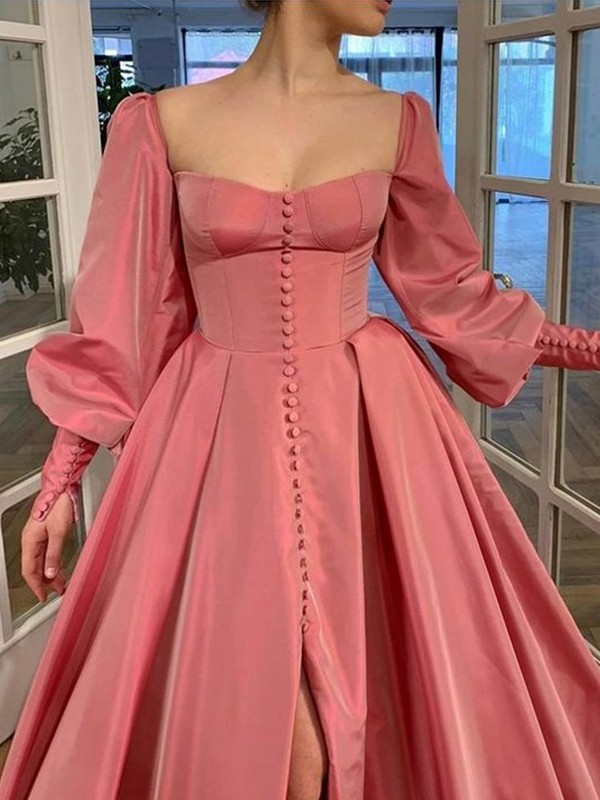 A-Line/Princess Long Sleeves Square Ruffles Satin Floor-Length Dresses 3771