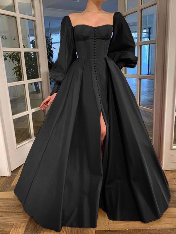 A-Line/Princess Long Sleeves Square Ruffles Satin Floor-Length Dresses 3771