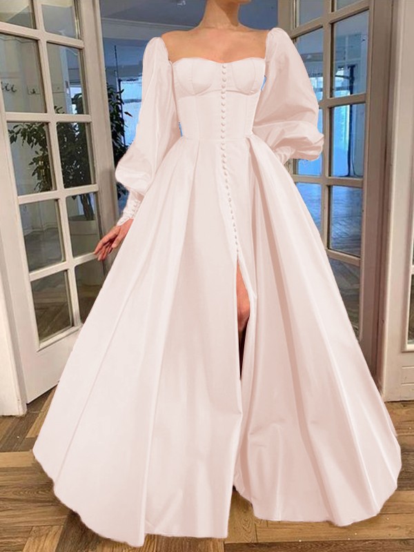 A-Line/Princess Long Sleeves Square Ruffles Satin Floor-Length Dresses 3771