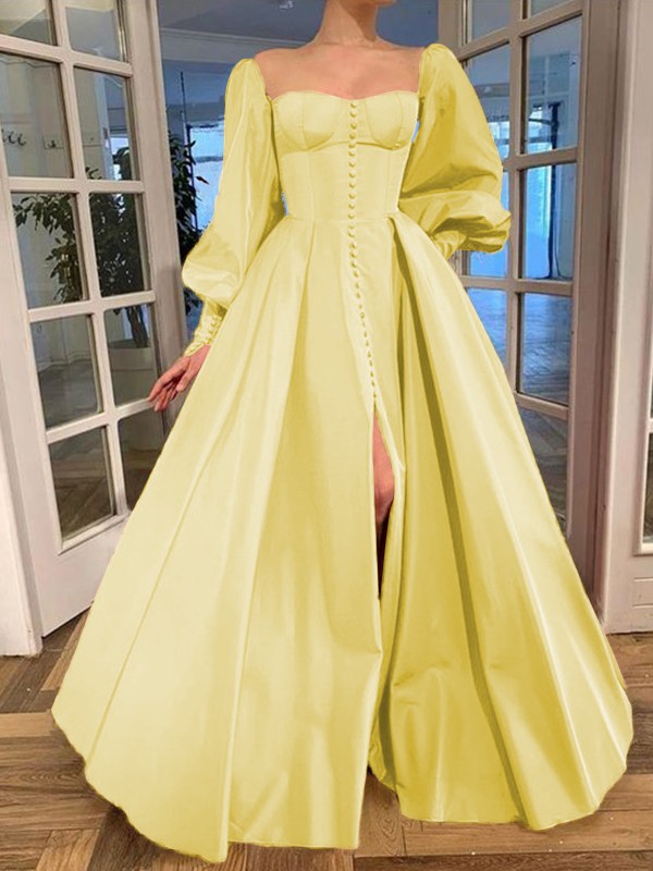 A-Line/Princess Long Sleeves Square Ruffles Satin Floor-Length Dresses 3771