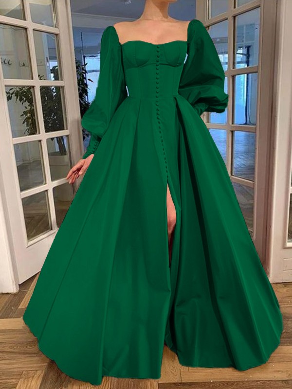 A-Line/Princess Long Sleeves Square Ruffles Satin Floor-Length Dresses 3771