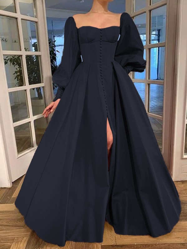 A-Line/Princess Long Sleeves Square Ruffles Satin Floor-Length Dresses 3771