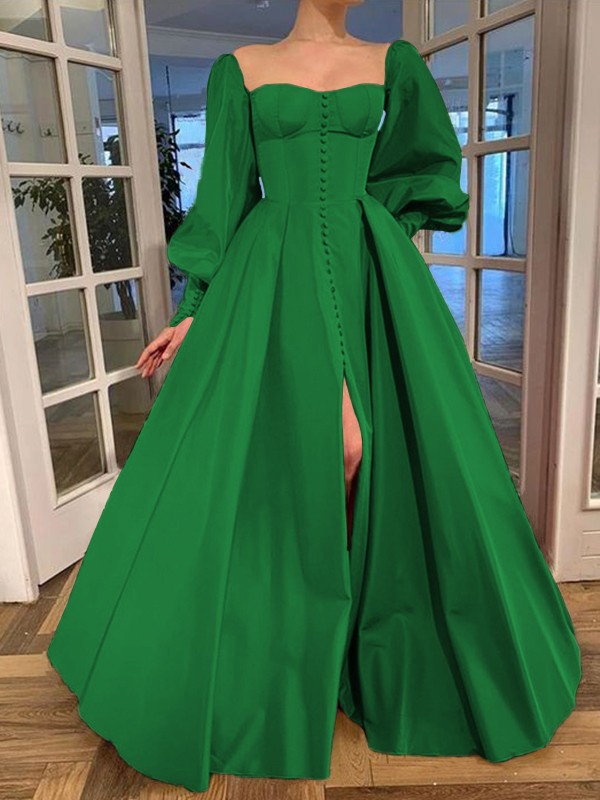 A-Line/Princess Long Sleeves Square Ruffles Satin Floor-Length Dresses 3771