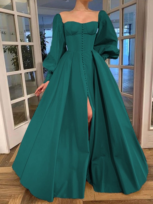 A-Line/Princess Long Sleeves Square Ruffles Satin Floor-Length Dresses 3771