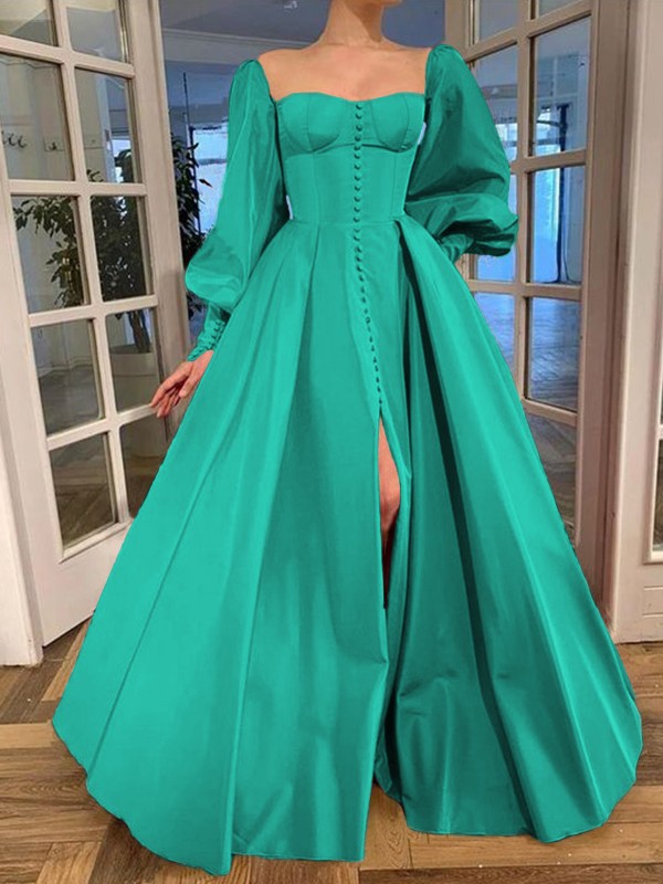 A-Line/Princess Long Sleeves Square Ruffles Satin Floor-Length Dresses 3771