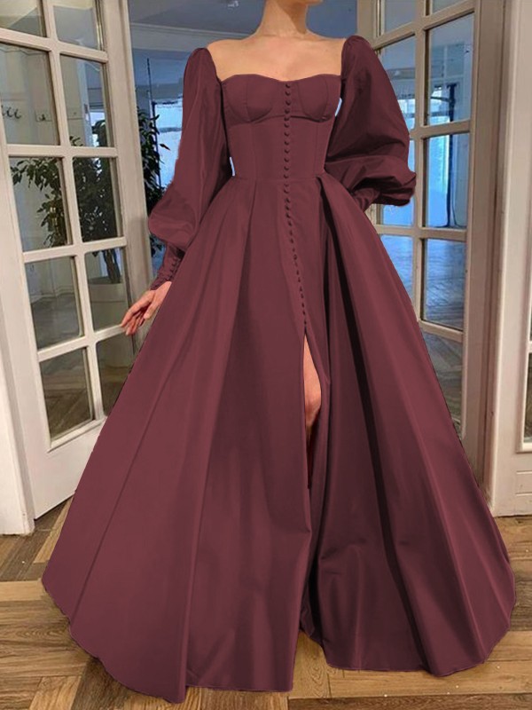 A-Line/Princess Long Sleeves Square Ruffles Satin Floor-Length Dresses 3771