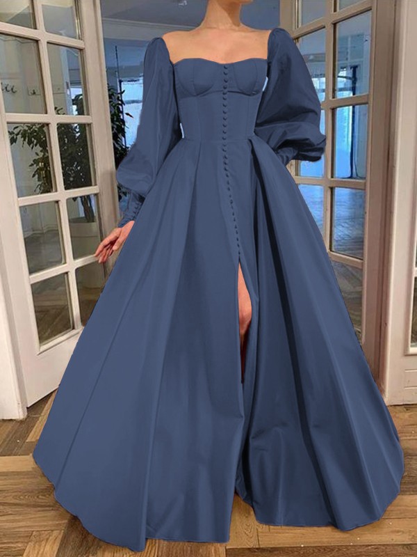 A-Line/Princess Long Sleeves Square Ruffles Satin Floor-Length Dresses 3771