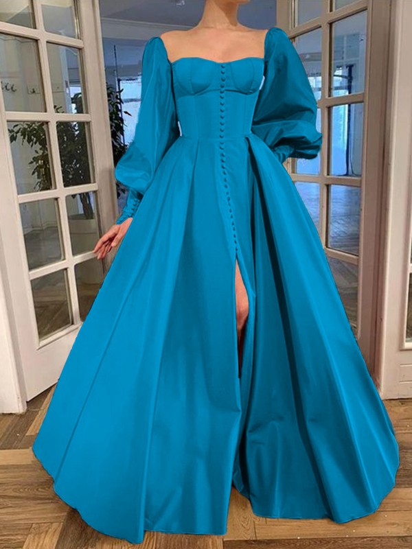 A-Line/Princess Long Sleeves Square Ruffles Satin Floor-Length Dresses 3771