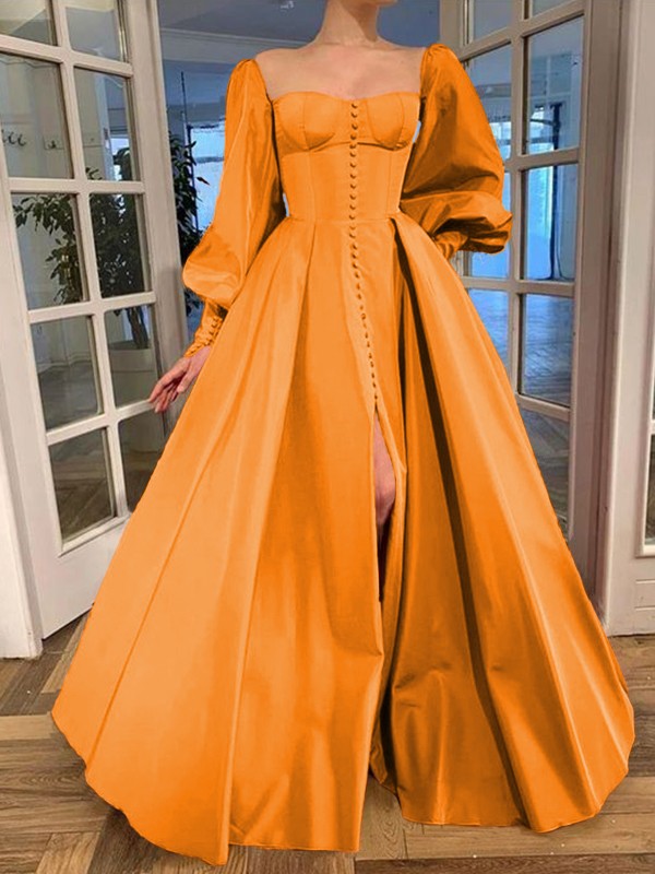 A-Line/Princess Long Sleeves Square Ruffles Satin Floor-Length Dresses 3771