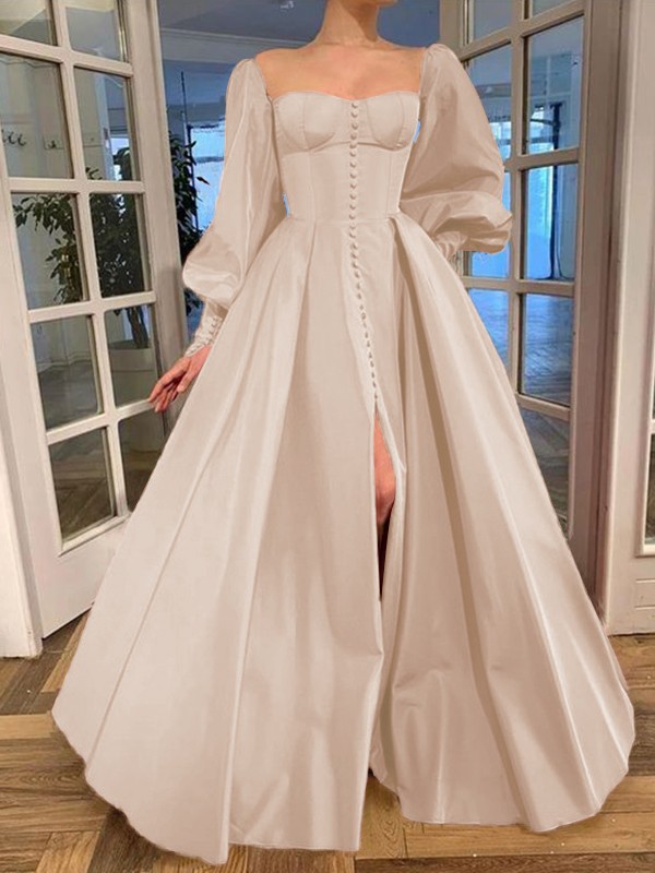 A-Line/Princess Long Sleeves Square Ruffles Satin Floor-Length Dresses 3771