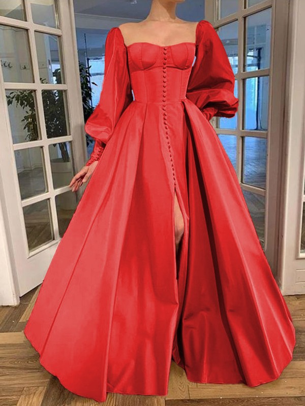 A-Line/Princess Long Sleeves Square Ruffles Satin Floor-Length Dresses 3771