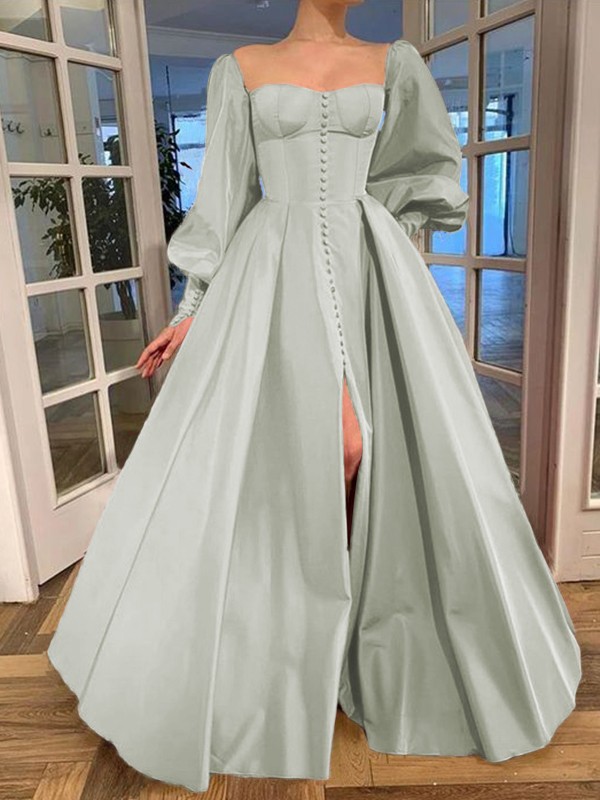 A-Line/Princess Long Sleeves Square Ruffles Satin Floor-Length Dresses 3771