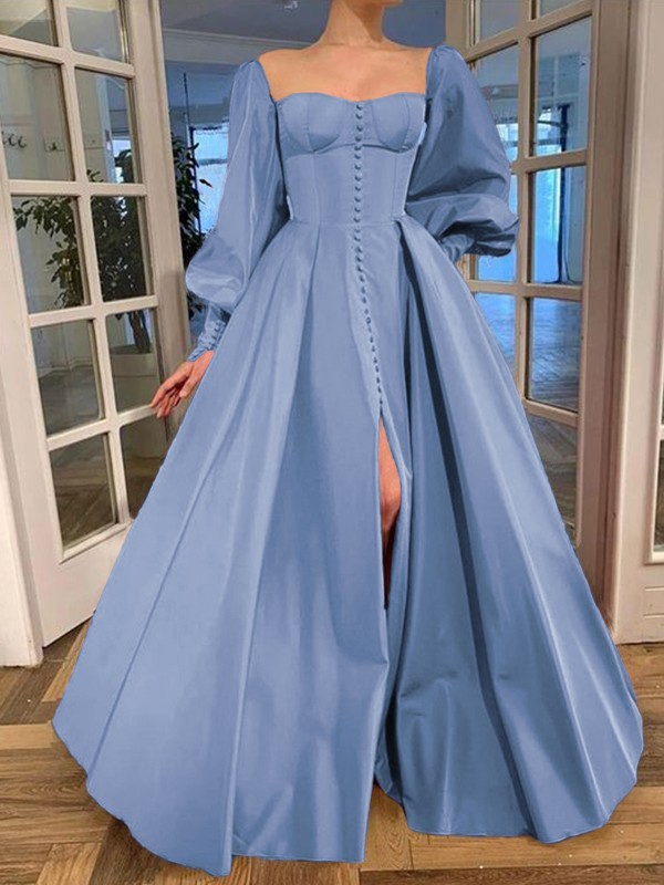 A-Line/Princess Long Sleeves Square Ruffles Satin Floor-Length Dresses 3771