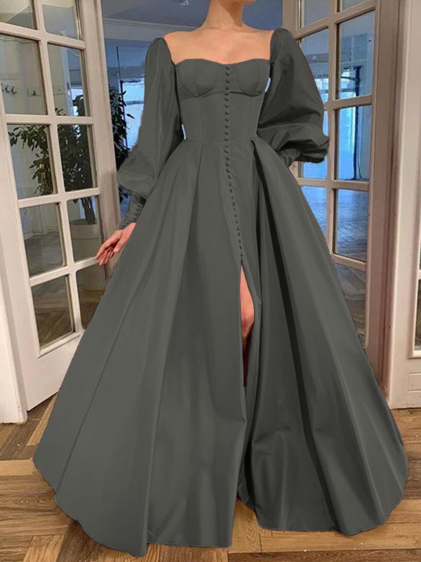 A-Line/Princess Long Sleeves Square Ruffles Satin Floor-Length Dresses 3771