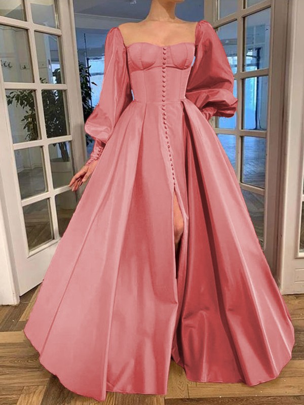 A-Line/Princess Long Sleeves Square Ruffles Satin Floor-Length Dresses 3771