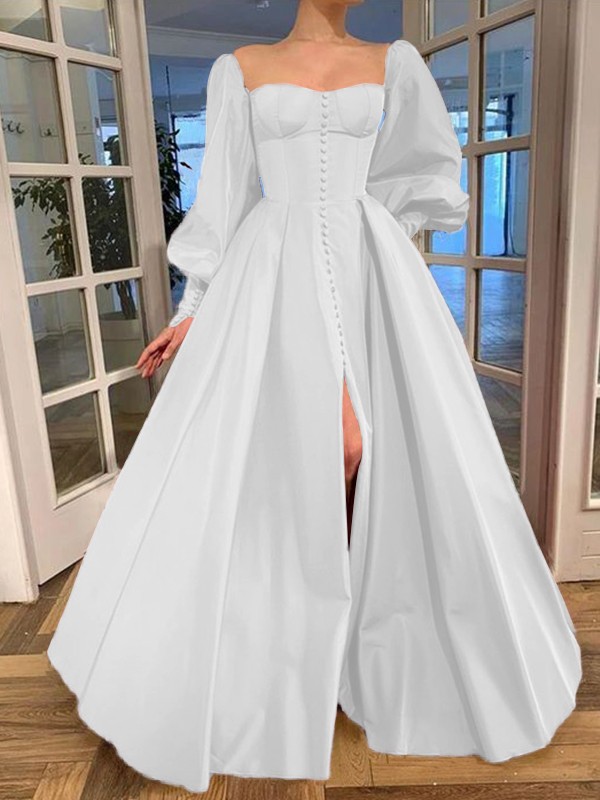 A-Line/Princess Long Sleeves Square Ruffles Satin Floor-Length Dresses 3771