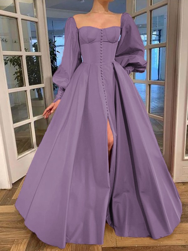 A-Line/Princess Long Sleeves Square Ruffles Satin Floor-Length Dresses 3771