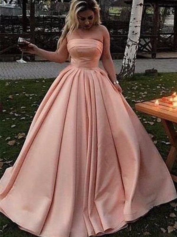 Ball Gown Satin Strapless Ruffles Sleeveless Sweep/Brush Train Dresses 5686