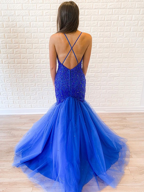 Trumpet/Mermaid Tulle Beading Halter Sleeveless Sweep/Brush Train Dresses 7563