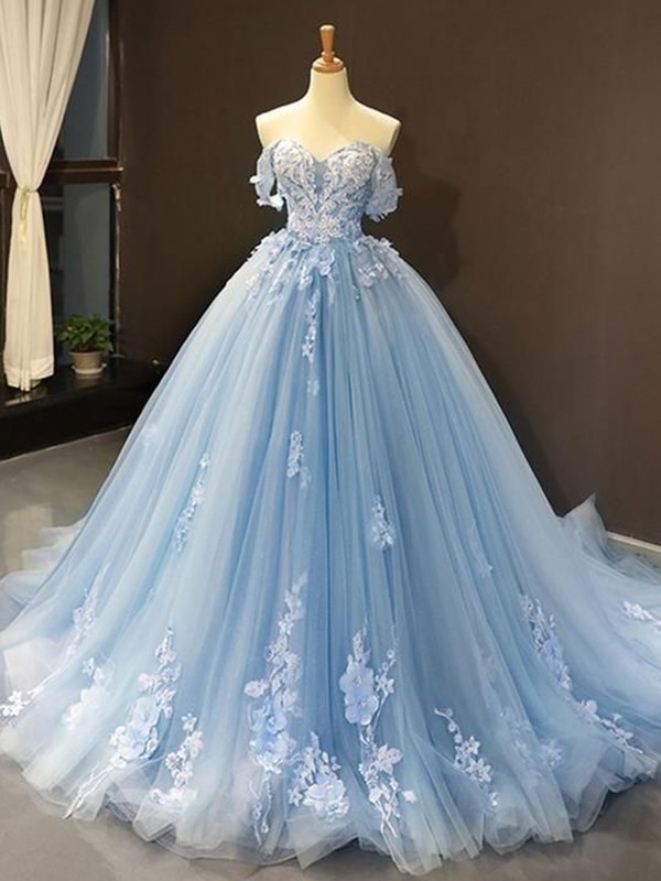 Ball Gown Tulle Off-the-Shoulder Sleeveless Applique Sweep/Brush Train Dresses 5796