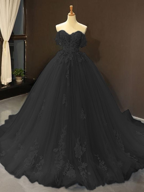 Ball Gown Tulle Off-the-Shoulder Sleeveless Applique Sweep/Brush Train Dresses 5796