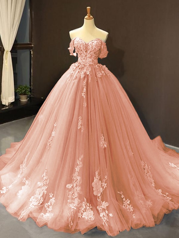 Ball Gown Tulle Off-the-Shoulder Sleeveless Applique Sweep/Brush Train Dresses 5796