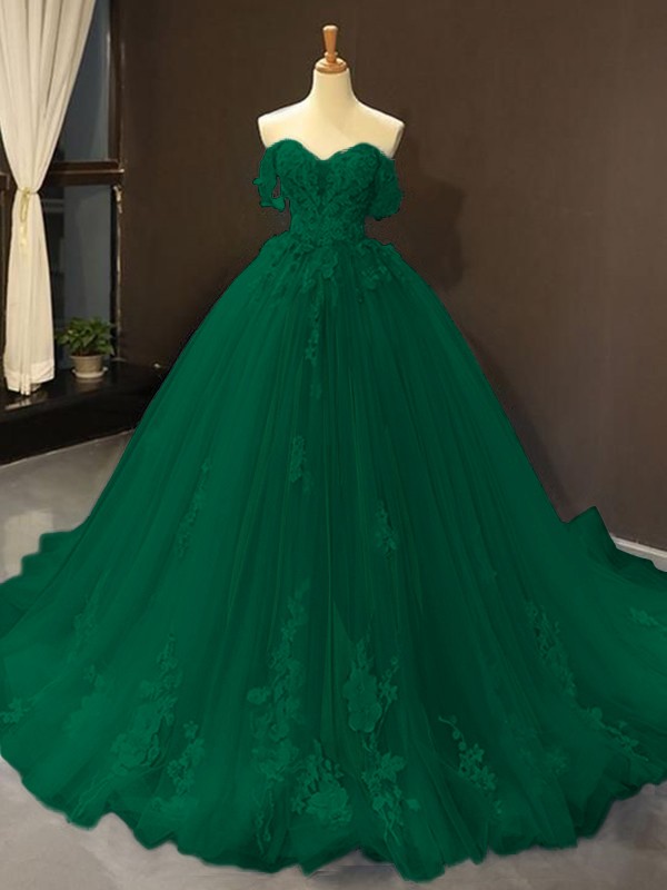 Ball Gown Tulle Off-the-Shoulder Sleeveless Applique Sweep/Brush Train Dresses 5796