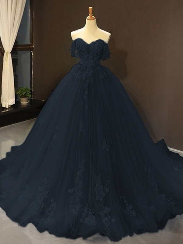 Ball Gown Tulle Off-the-Shoulder Sleeveless Applique Sweep/Brush Train Dresses 5796