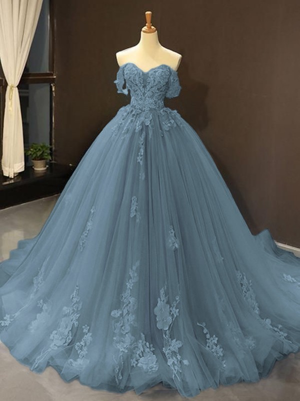 Ball Gown Tulle Off-the-Shoulder Sleeveless Applique Sweep/Brush Train Dresses 5796