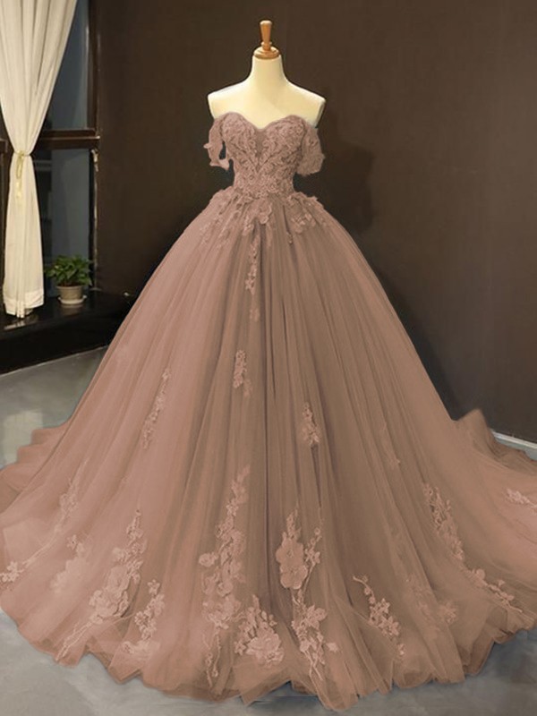 Ball Gown Tulle Off-the-Shoulder Sleeveless Applique Sweep/Brush Train Dresses 5796