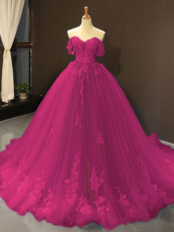 Ball Gown Tulle Off-the-Shoulder Sleeveless Applique Sweep/Brush Train Dresses 5796