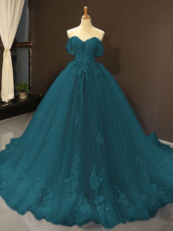 Ball Gown Tulle Off-the-Shoulder Sleeveless Applique Sweep/Brush Train Dresses 5796