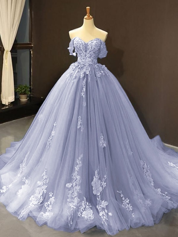 Ball Gown Tulle Off-the-Shoulder Sleeveless Applique Sweep/Brush Train Dresses 5796