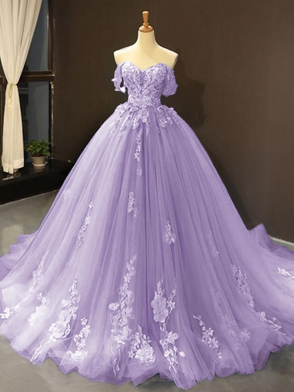 Ball Gown Tulle Off-the-Shoulder Sleeveless Applique Sweep/Brush Train Dresses 5796