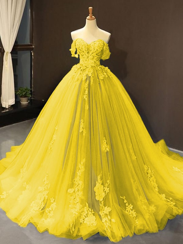 Ball Gown Tulle Off-the-Shoulder Sleeveless Applique Sweep/Brush Train Dresses 5796