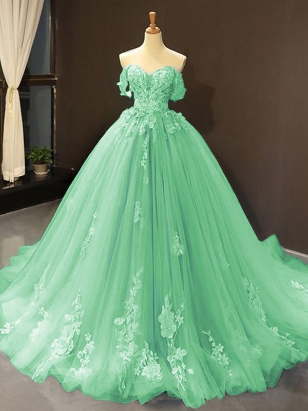 Ball Gown Tulle Off-the-Shoulder Sleeveless Applique Sweep/Brush Train Dresses 5796